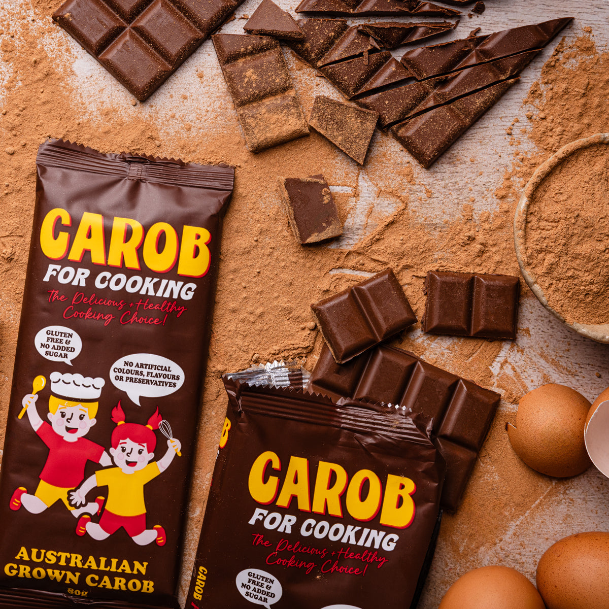 Carob for Cooking's healthy baking chocolate bar on a counter being chopped and added to a low sugar recipe 